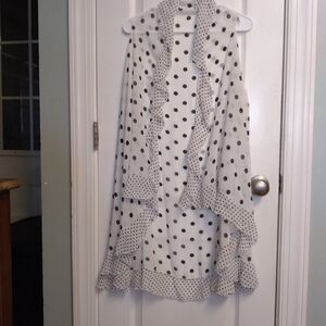 White Polka Dot Ruffle Sleeveless Vest Knee Length Sheer Asymetrical Dressy